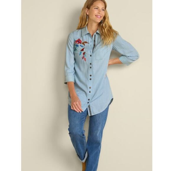 Soft Surroundings Aveline Top Womens Size 1X Floral Embroidered Chambray Button - Picture 12 of 12